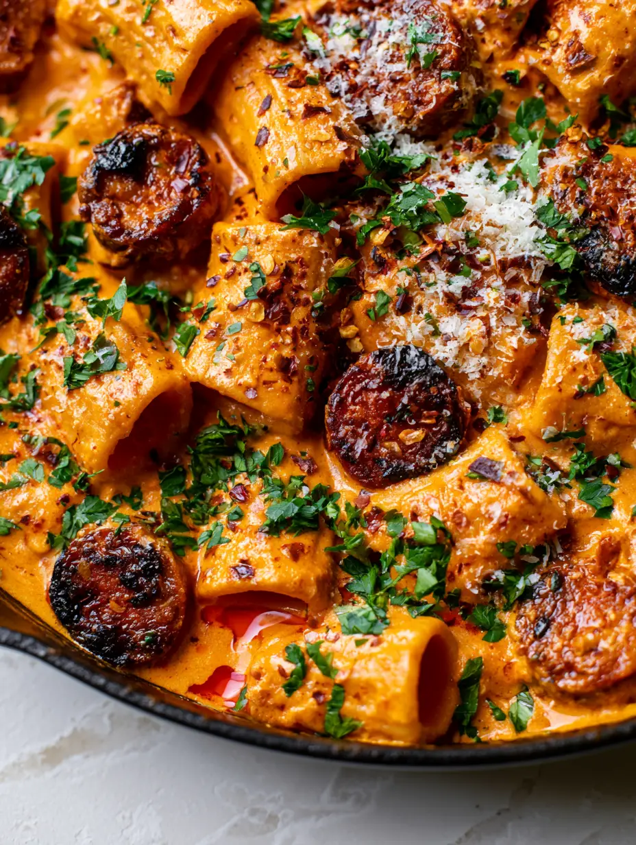 Overhead view of Creamy Chorizo Pasta with rigatoni, red paprika oil droplets, and fresh parsley garnish.