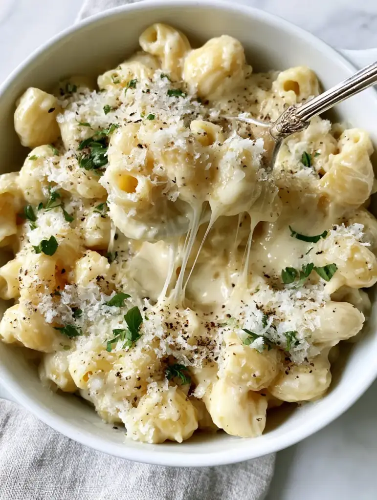 A silver vintage spoon lifting a portion of three-cheese pasta creating long translucent cheese strings.