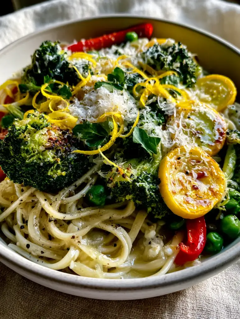 Detailed view of charred broccoli and micro-planed parmesan on Pasta Primavera.