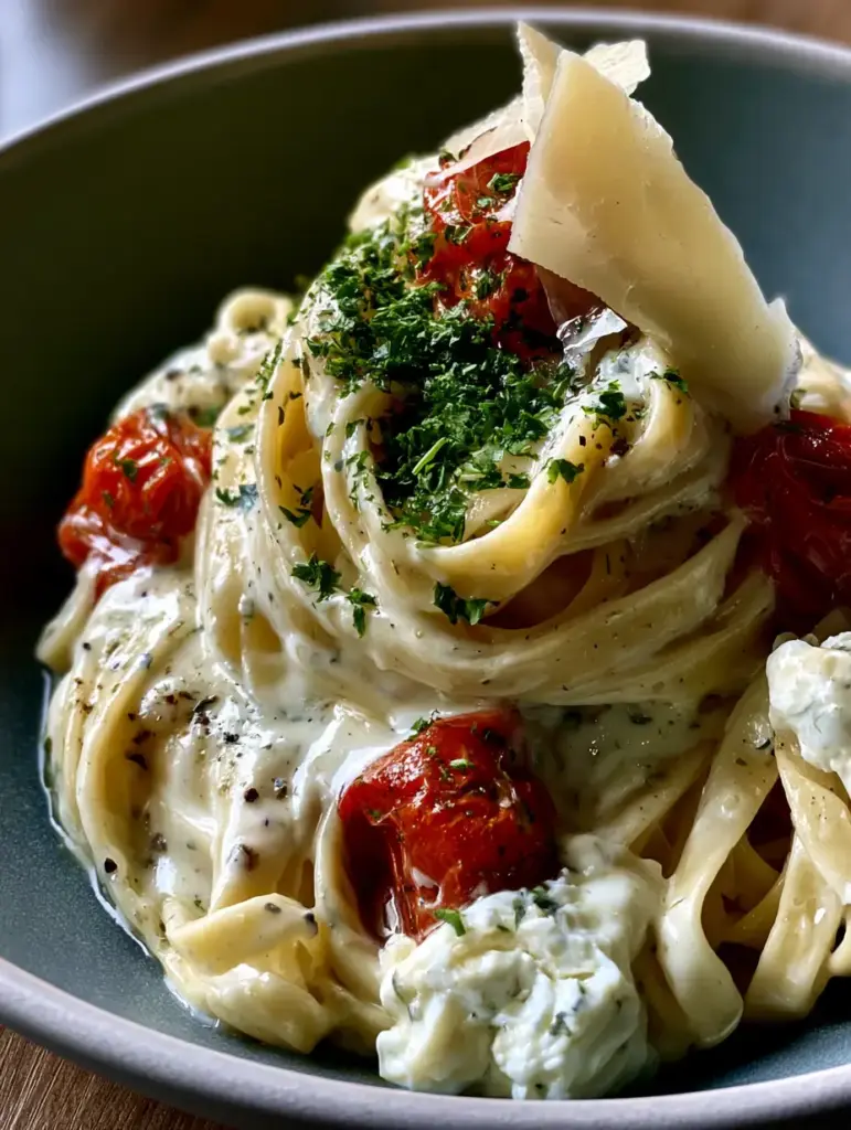 Boursin Cheese Pasta: The Ultimate Creamy 20-Minute Dinner 1 A swirled nest of fettuccine coated in Boursin sauce with a melting cheese dollop and parmesan shavings.