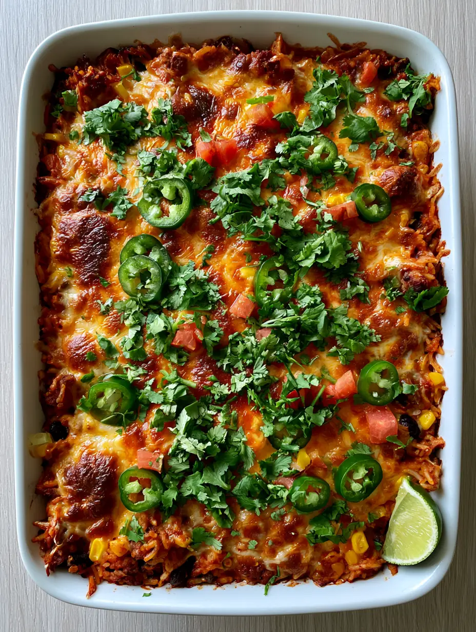 Handheld smartphone photo of a white ceramic dish filled with Mexican Rice Casserole showing toasted cheddar patches.