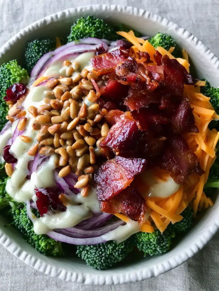 broccoli salad with Crispy Bacon and Sharp Cheddar 1 Top-down view of broccoli salad with golden sunflower seeds and ruby-red dried cranberries.