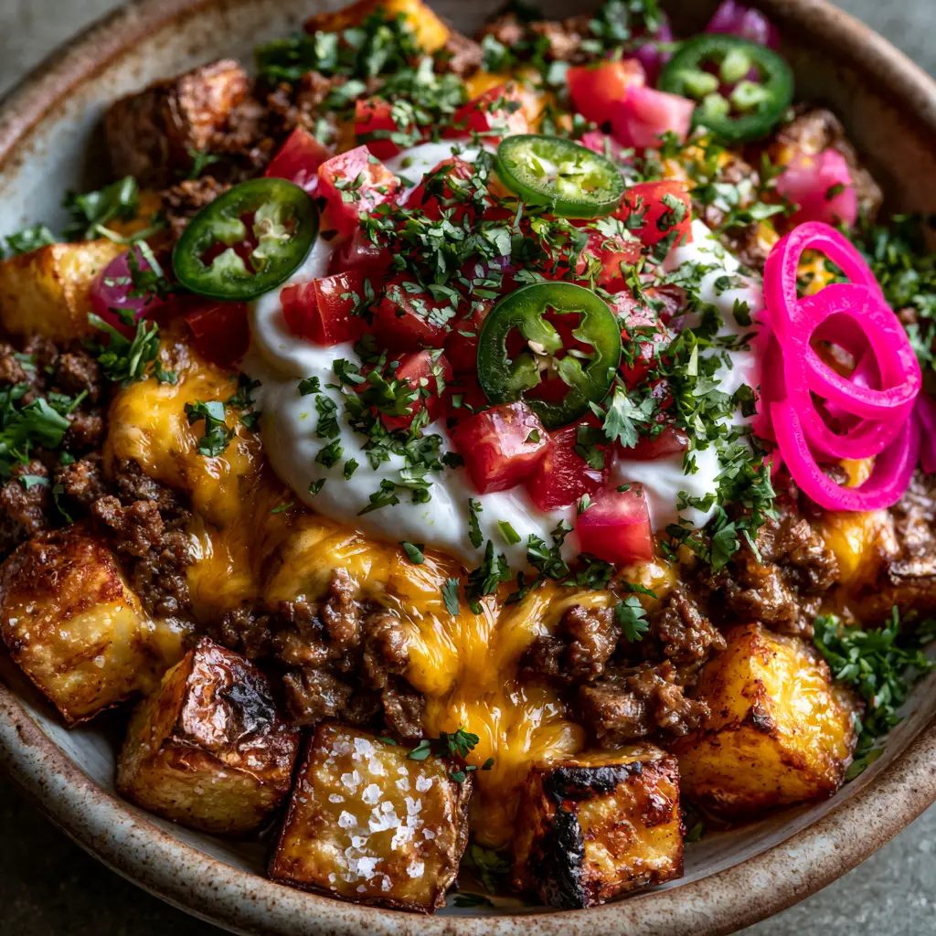 Close-up of a Taco Loaded Potato Bowl drizzled with thick lime crema and topped with vibrant pickled red onions and fresh cilantro.