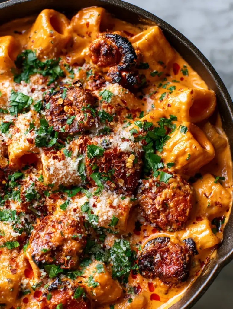 Extreme close-up of seared spicy chorizo slices and rigatoni pasta in a thick cream sauce.
