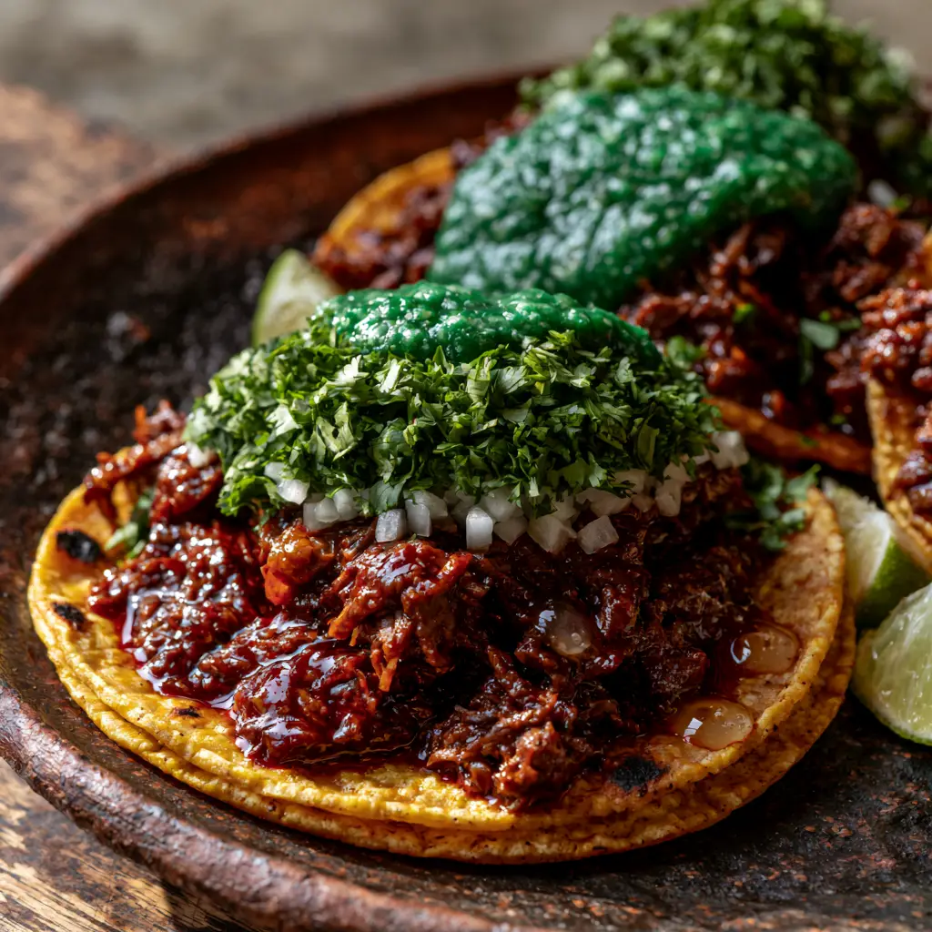 Tacos topped with forest-green cilantro, minced white onions, and emerald salsa verde. (Authentic Mexican Recipes)