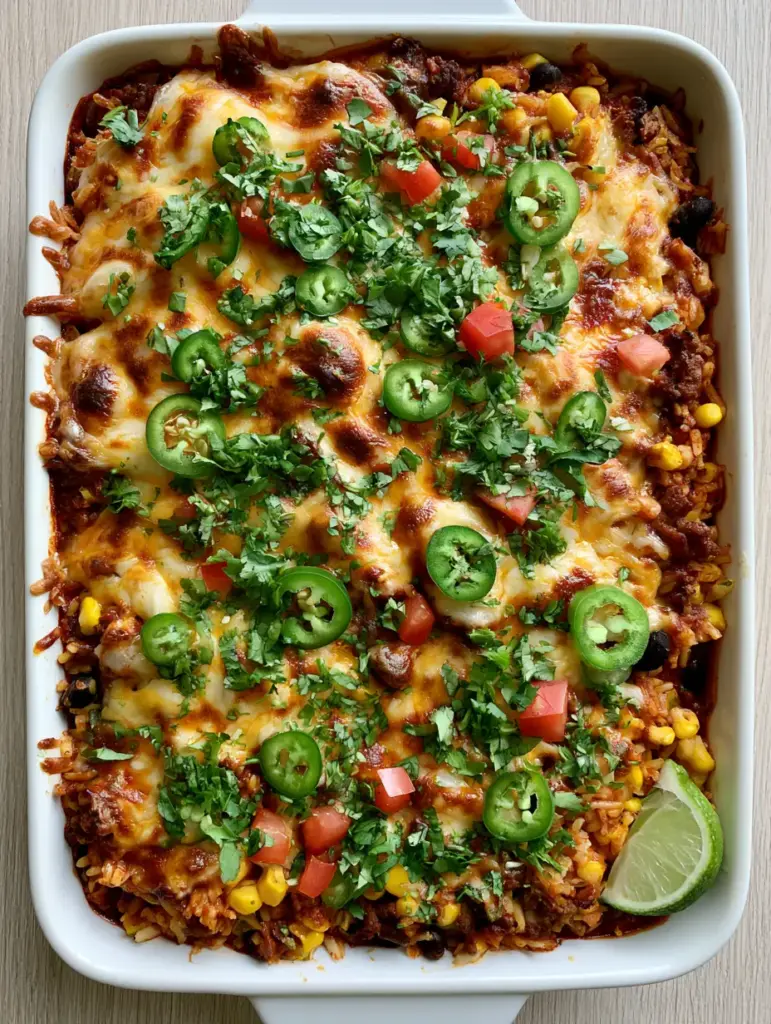 Steam rising from a freshly baked Mexican Rice Casserole with bright yellow corn and deep red sauce visible.