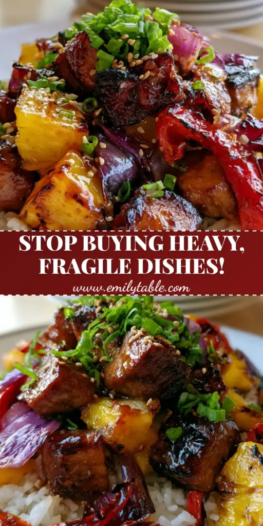 A vibrant honey-soy teriyaki chicken bowl with charred pineapple and blistered peppers served on a brilliant white Corelle dinnerware set plate.