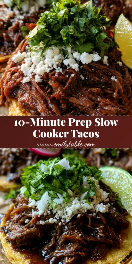 Three street-style chuck roast tacos on brown parchment paper with mahogany shredded beef, white cotija cheese, and pink radish slices.