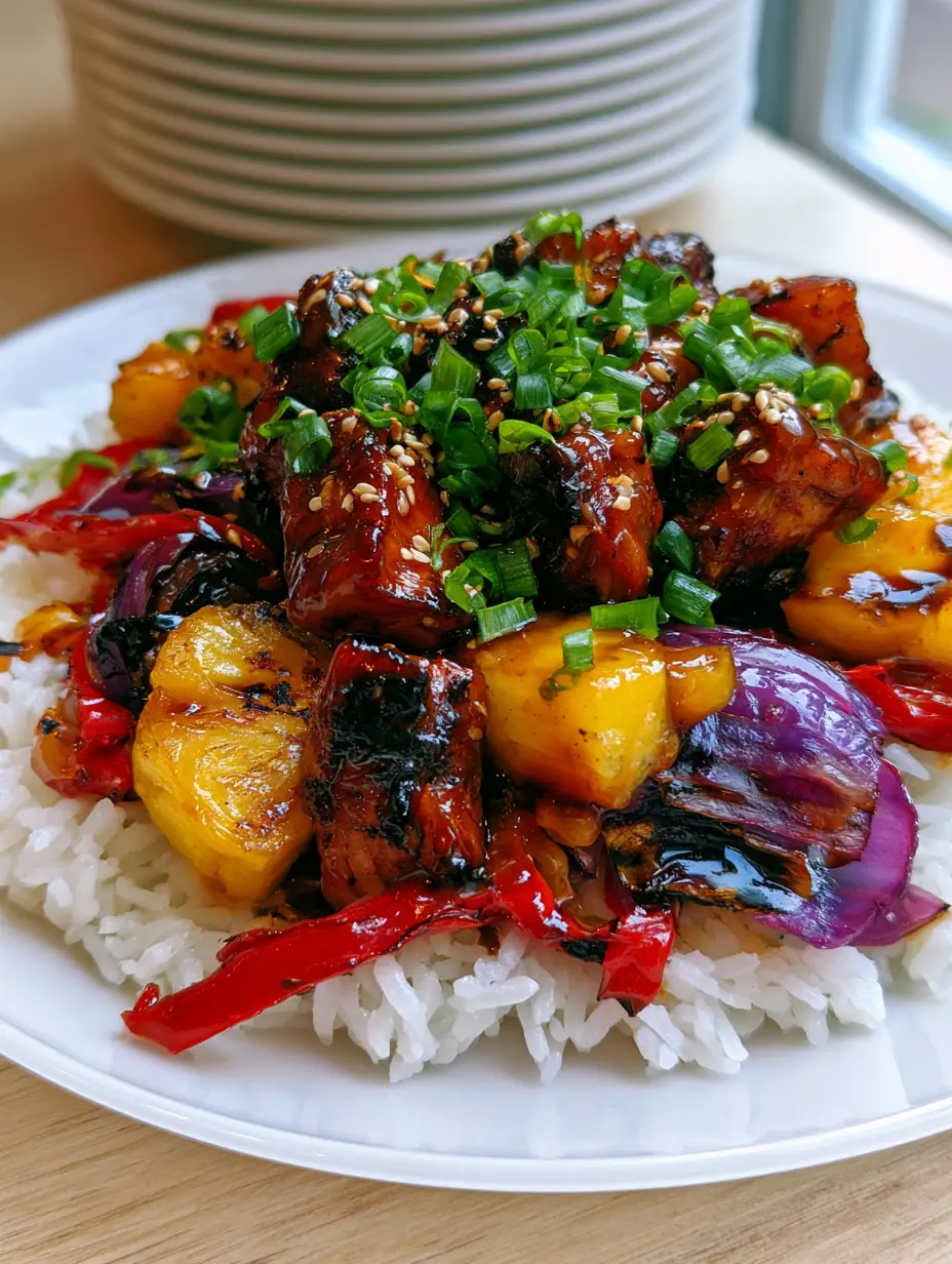 Top-down view of glistening teriyaki chicken cubes and caramelized pineapple on a white Vitrelle glass plate from a Corelle dinnerware set.