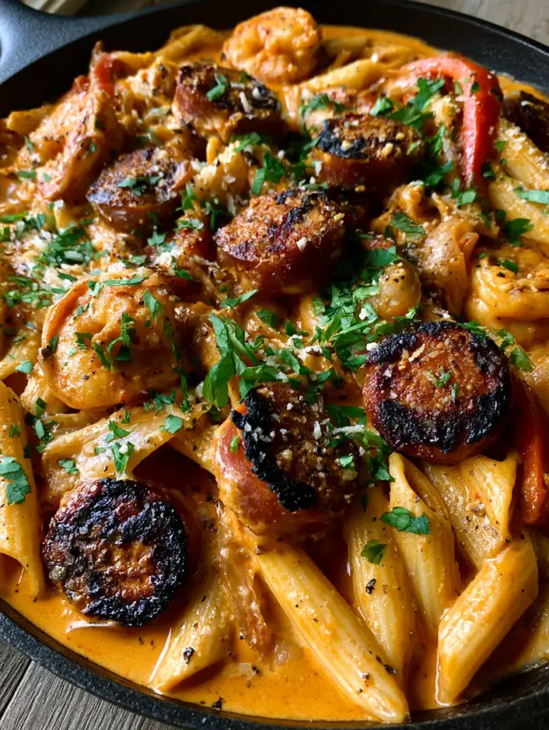 Creamy Cajun Penne garnished with fresh parsley and parmesan cheese in a matte black cast iron skillet.