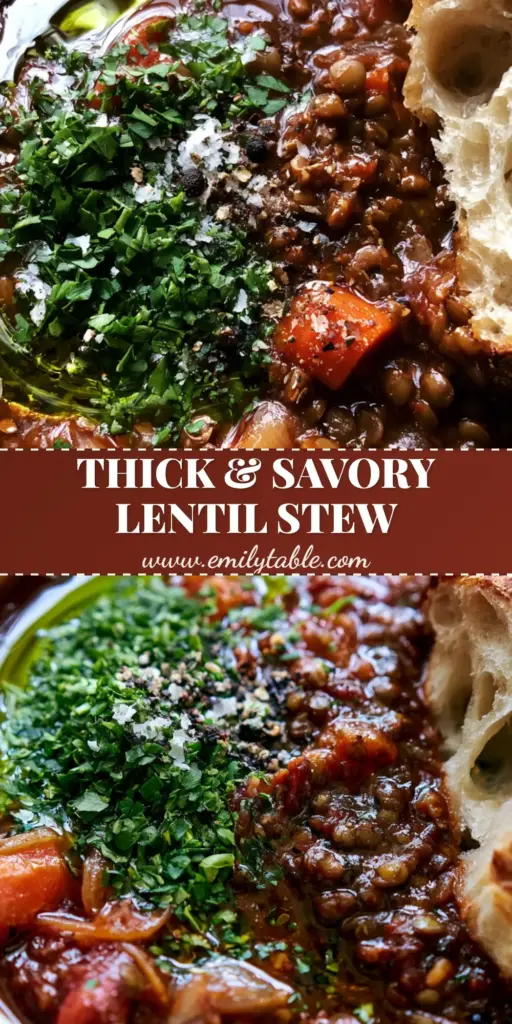 A rustic bowl of thick lentil stew with a glossy mahogany broth, roasted carrots, a swirl of green olive oil, and crusty sourdough bread. (Lentil stew recipe)