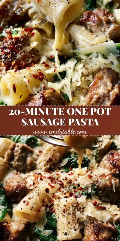 A top-down view of creamy sausage pasta in a cast iron skillet with rigatoni, spinach, and shaved parmesan.