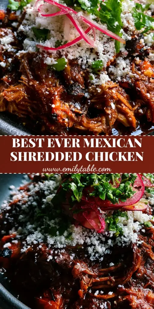 A close-up of Mexican shredded chicken in a black bowl with radish and cotija cheese toppings.