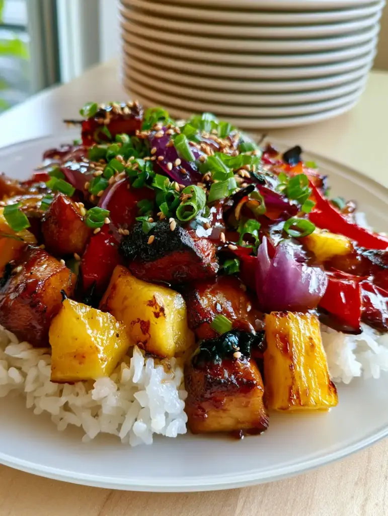 Close-up of blistered red bell peppers and honey-soy glazed chicken on a brilliant white Corelle plate.