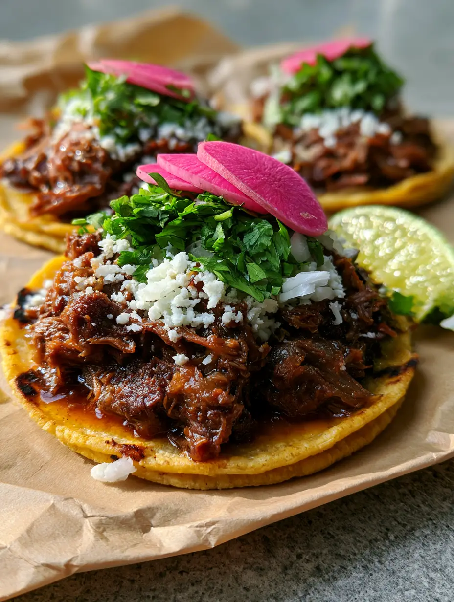 Close-up of succulent shredded chuck roast tacos featuring glistening mahogany beef and crumbled cotija cheese.