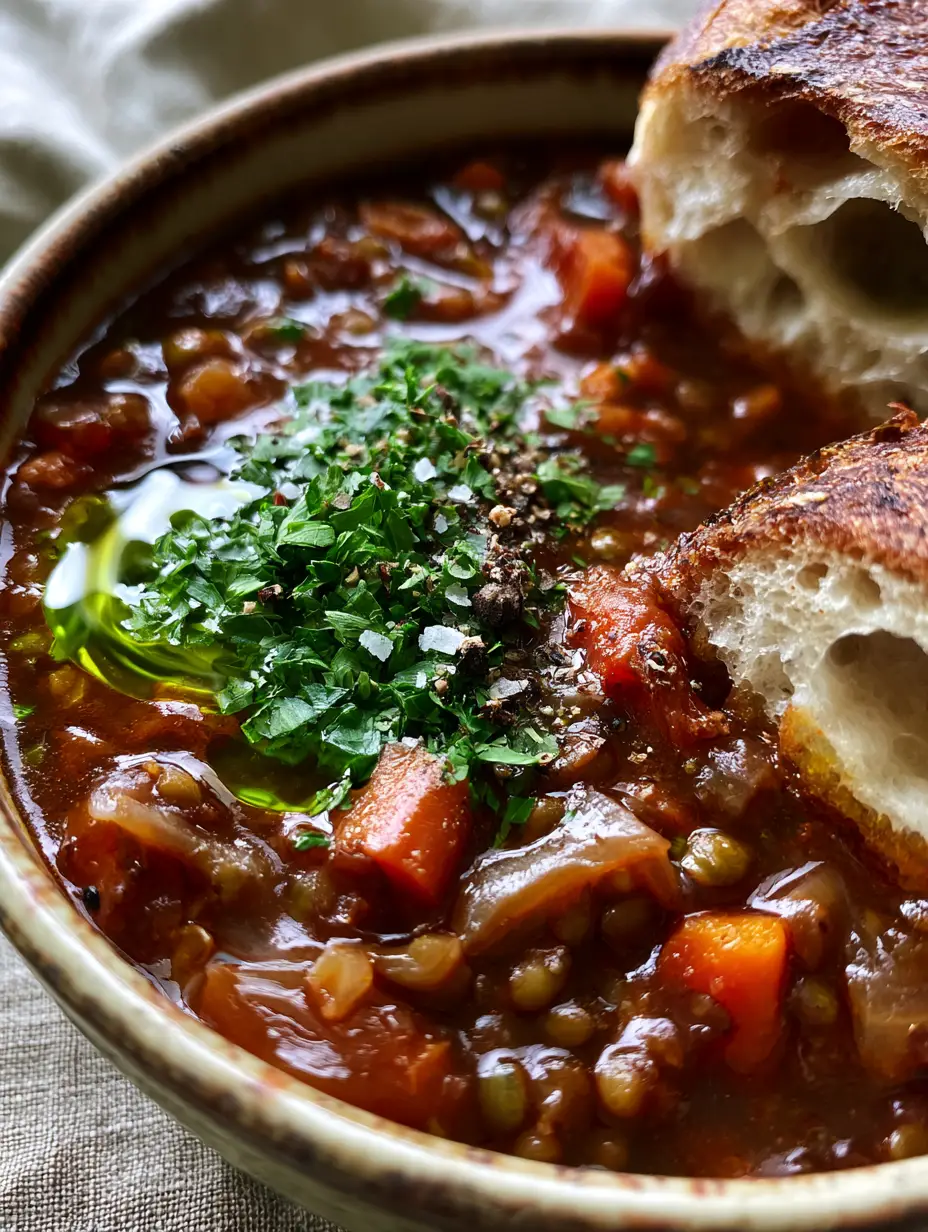 Close-up of whole green lentils and caramelized onions in a rich savory broth. (Lentil stew recipe)