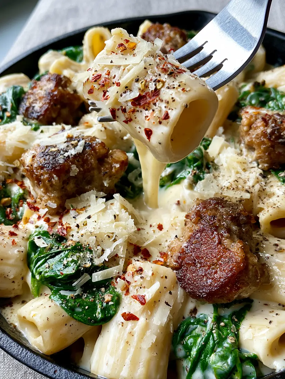 Extreme close-up of glossy garlic cream sauce coating rigatoni noodles and seared Italian sausage. (creamy sausage pasta)