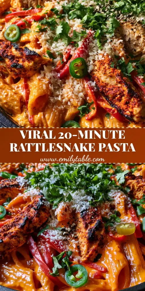 A high-angle close-up of Spicy Rattlesnake Pasta in a black skillet with blackened chicken and glossy orange sauce.