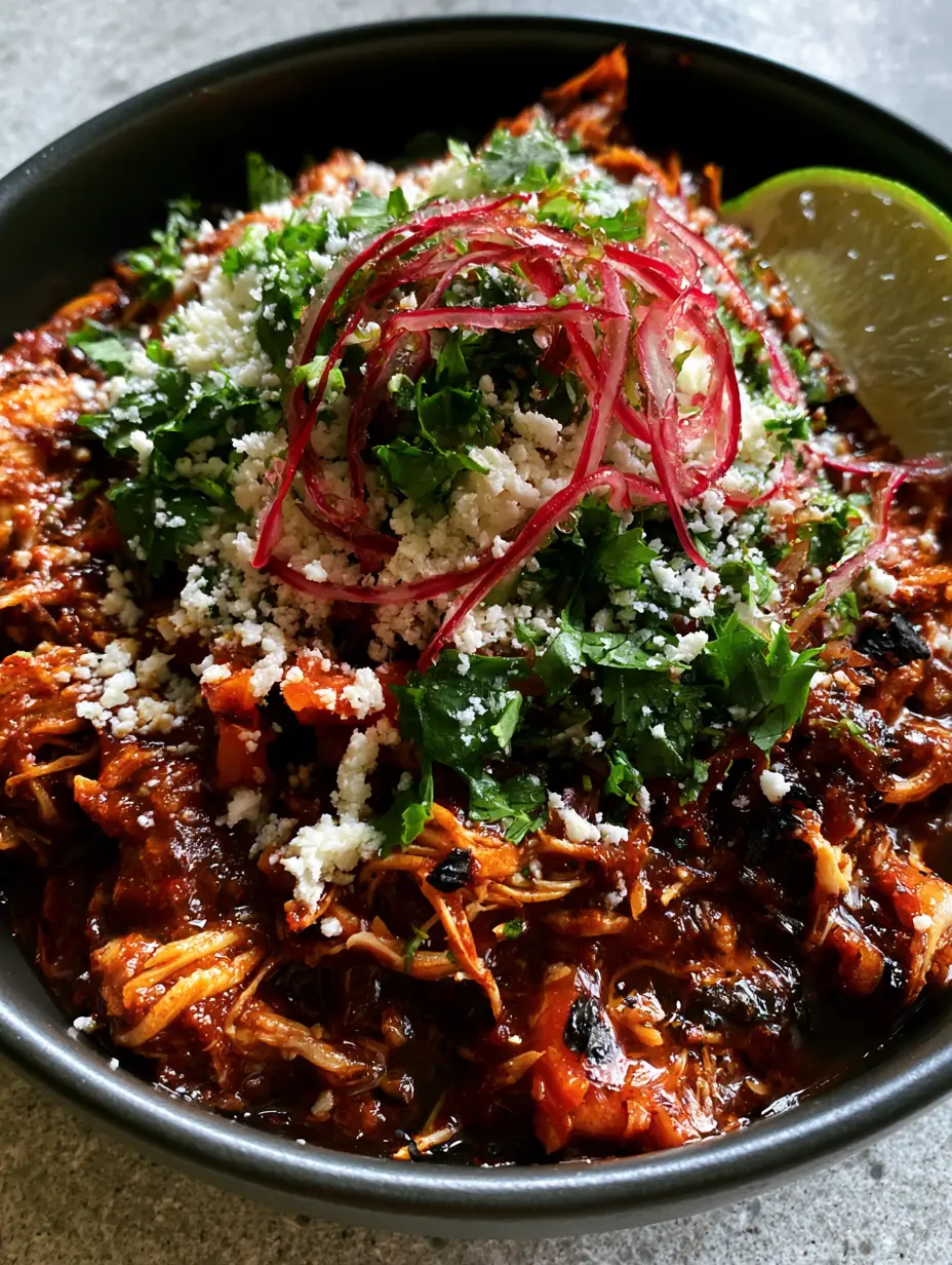 Top-down view of Mexican shredded chicken with deep reddish-brown sauce and green cilantro.