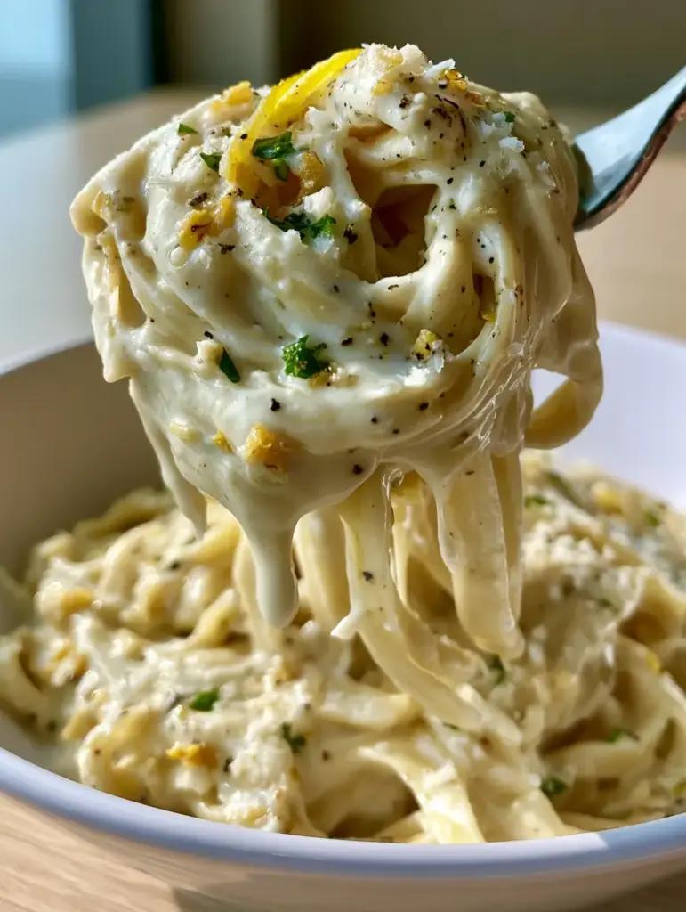 Garlic Butter Pasta Sauce: The Ultimate Creamy 15-Minute Recipe 1 Top view of a fork swirl of pasta showing minced sauteed garlic bits and a thin lemon zest curl.