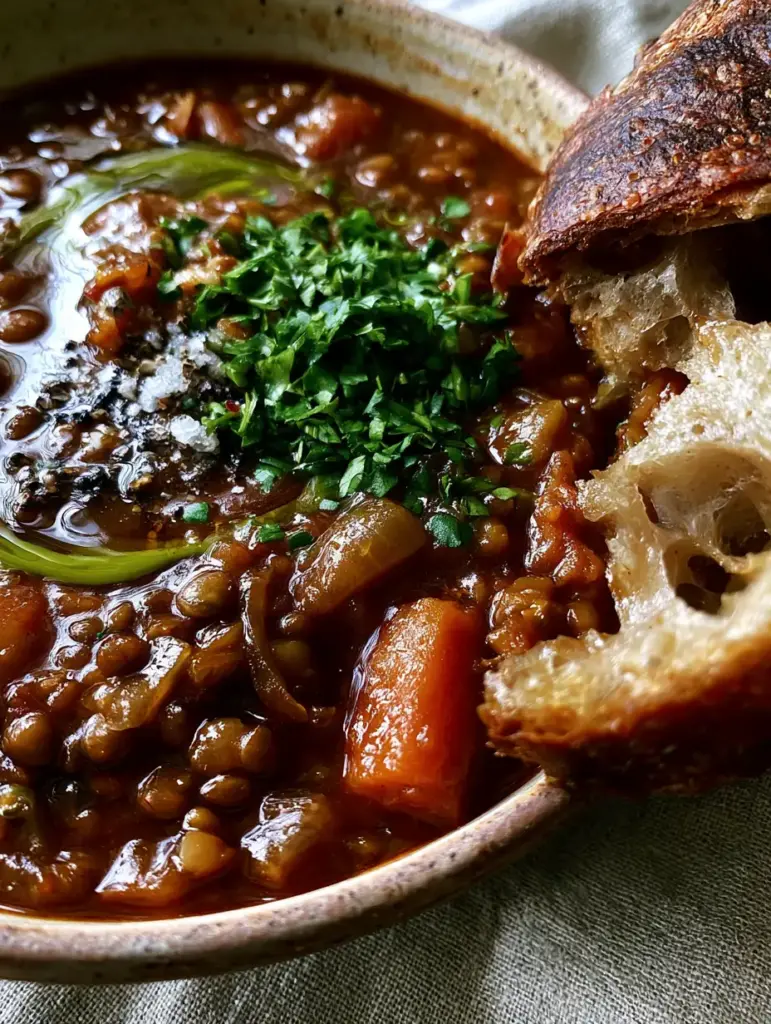 Sourdough bread dipped into a thick dark brown lentil stew with roasted carrot coins.