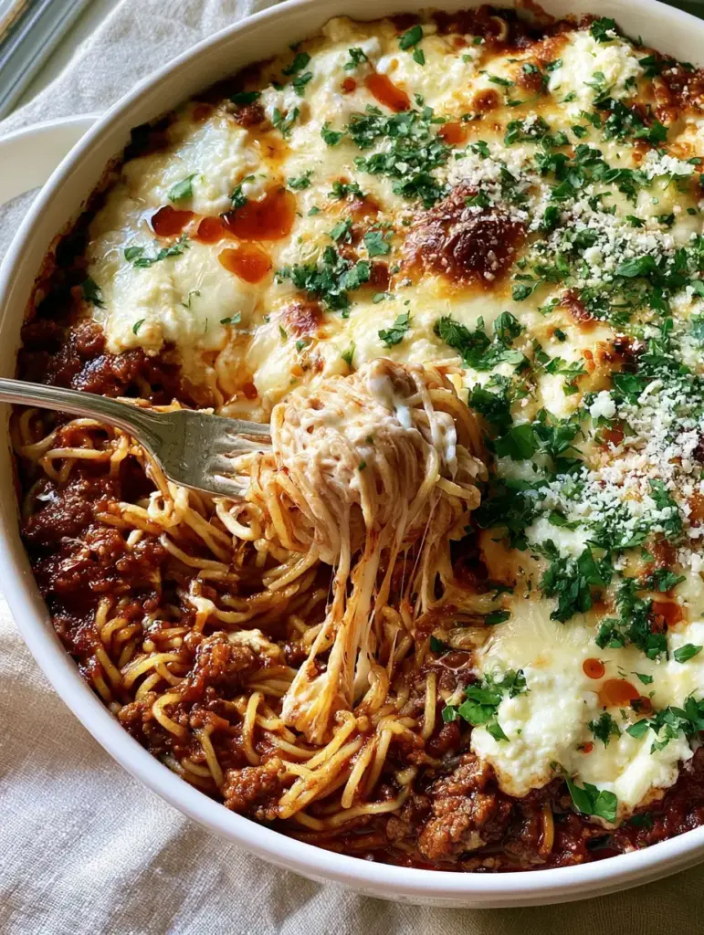 Easy Spaghetti Recipes: The Ultimate Million Dollar Baked Casserole 2 Top-down macro shot of a white pot filled with spaghetti, meat sauce, bubbly mozzarella, and ricotta dollops. (easy spaghetti recipes)