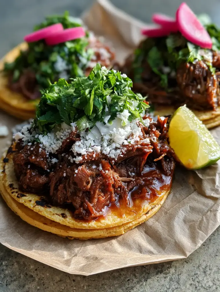 Double-stacked corn tortillas filled with chuck roast tacos and topped with vibrant cilantro and radish.