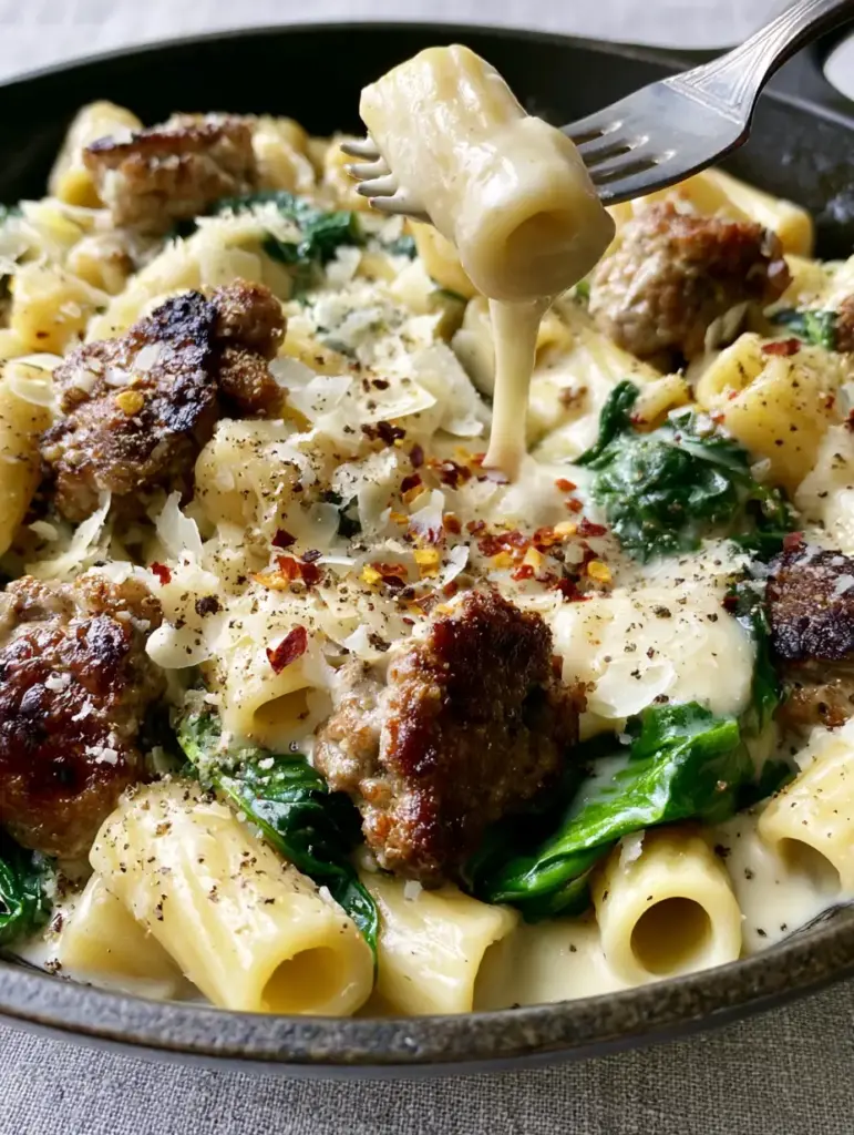 A silver fork lifting a rigatoni noodle from a skillet of creamy sausage pasta with a visible cheese pull.