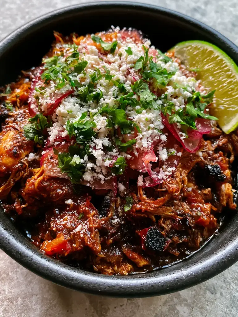 Extreme close-up of Mexican shredded chicken showing charred fire-roasted tomatoes and glistening lime juice.
