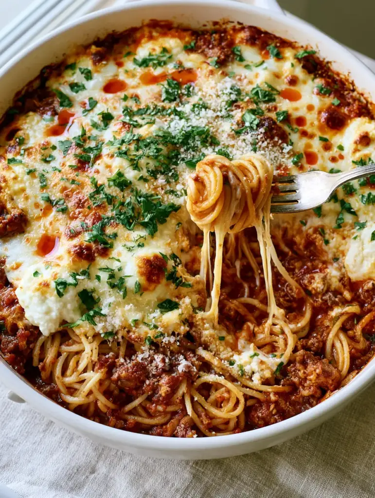 Easy Spaghetti Recipes: The Ultimate Million Dollar Baked Casserole 1 Close up of golden-brown toasted cheese spots and glossy red oil droplets on a cheesy spaghetti bake.