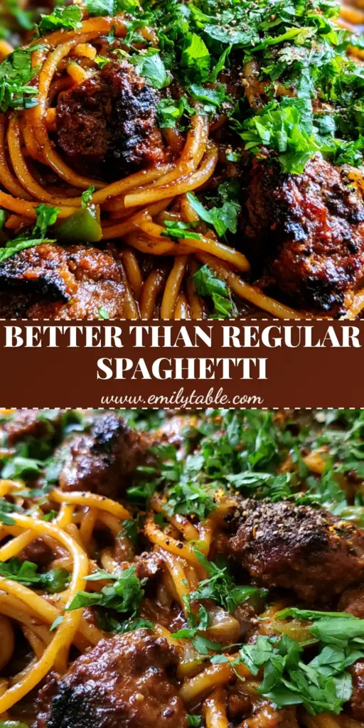 A rustic cast iron skillet filled with Cajun dirty spaghetti, featuring craggy ground beef, a glossy mahogany sauce, and fresh parsley garnish.