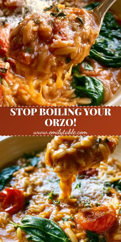 A close-up shot of spinach and tomato orzo in a cream bowl with a spoon lifting a silky portion, featuring blistered tomatoes and vibrant spinach.