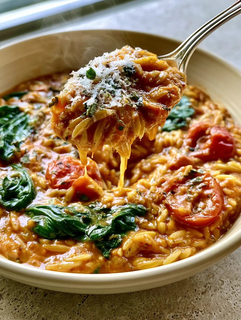 Macro photo of glossy spinach and tomato orzo showing the velvety texture of the tomato cream sauce and wilted spinach leaves.