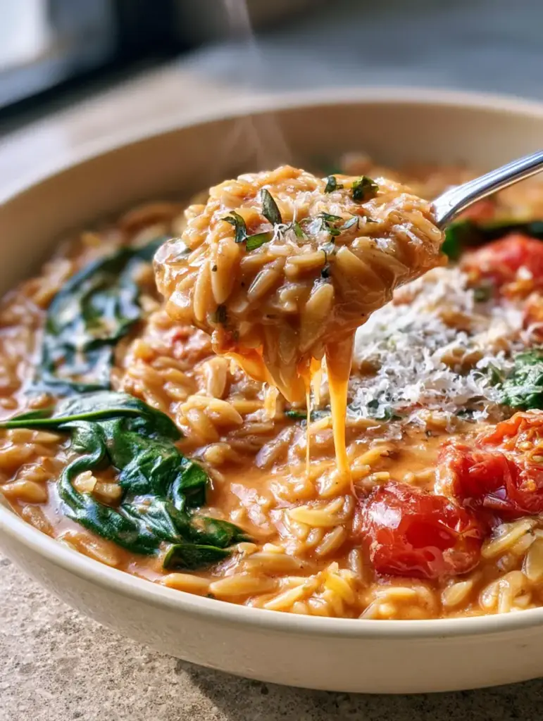 A silver spoon lifting a bite of spinach and tomato orzo, showing steam rising and finely grated parmesan cheese on top.