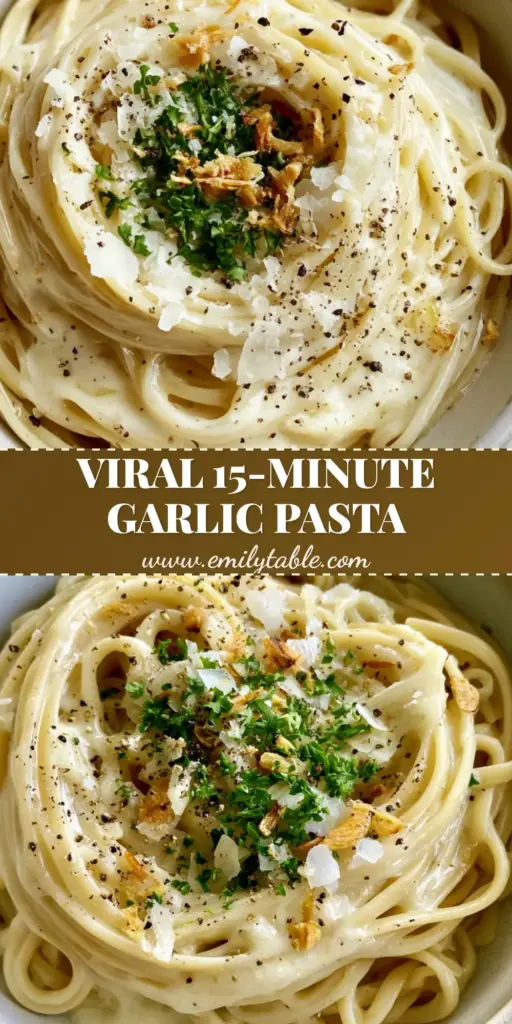 A close-up of Creamy Garlic Pasta linguine nests with toasted garlic slivers and melted parmesan in a ceramic bowl.