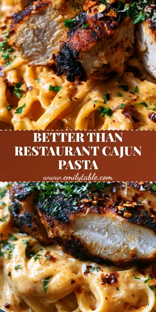 Vertical shot of Cajun Chicken Fettuccine Alfredo in a dark ceramic bowl with charred chicken slices and glossy orange sauce.