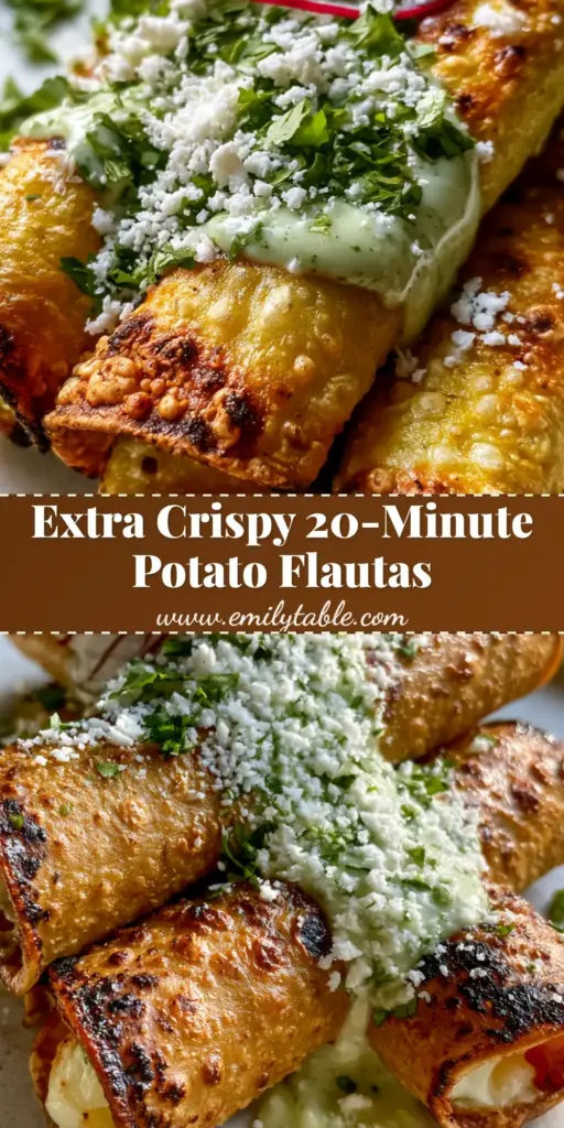 A vertical stack of three shatter-crisp golden-brown potato flautas drizzled with lime crema and topped with radish. (Potato flautas)