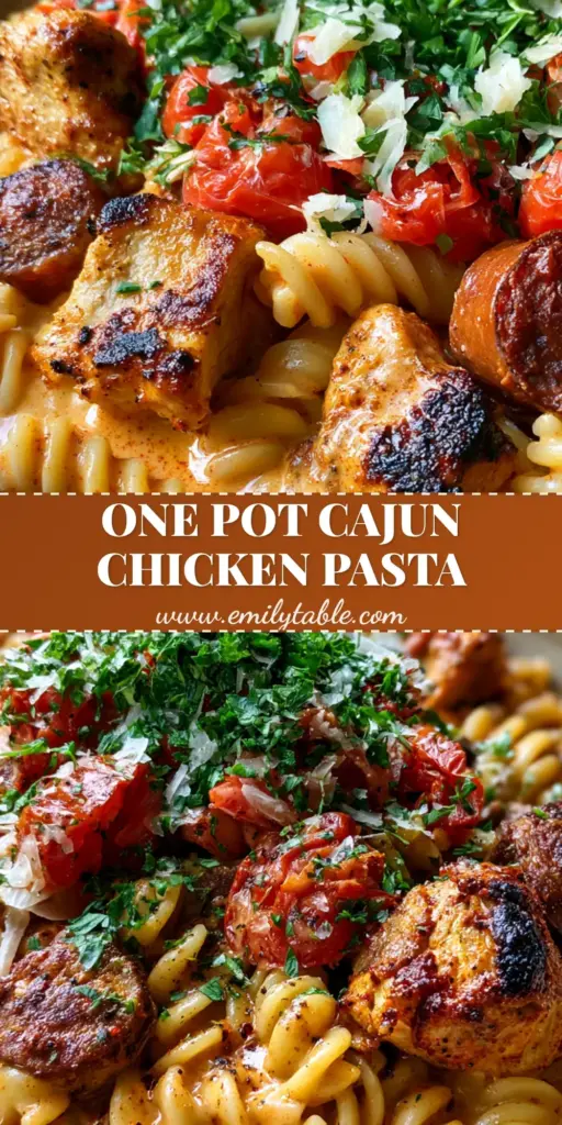 A close-up shot of Cajun chicken pasta with rotini, seared chicken, andouille sausage, and blistered tomatoes in a creamy orange sauce.