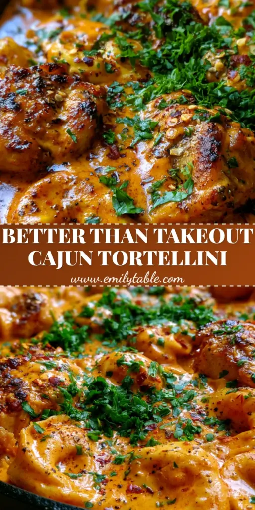 A rustic black cast iron skillet filled with Cajun Chicken Tortellini, featuring golden-brown chicken chunks and a glossy orange-red cream sauce garnished with parsley.