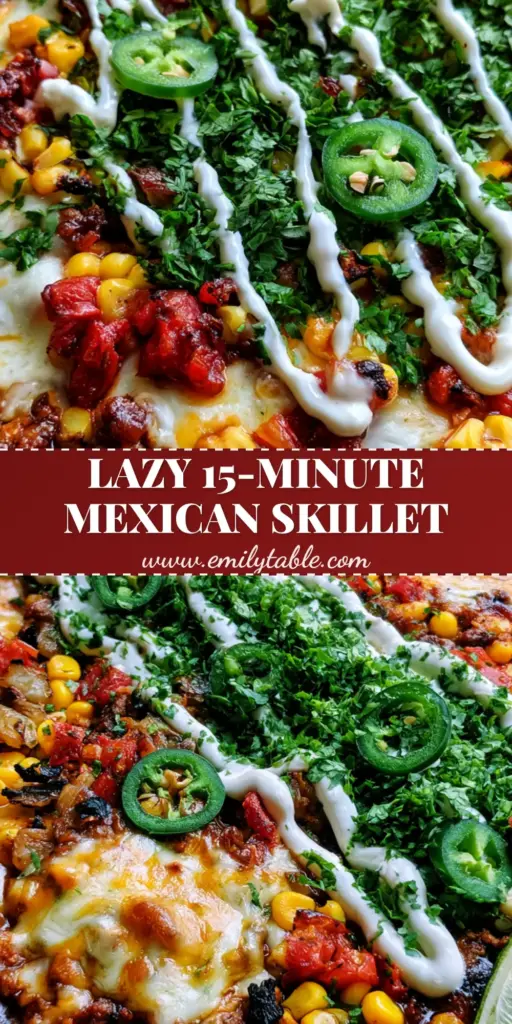 A vertical shot of a cheesy Mexican ground beef skillet with corn, tomatoes, and lime crema drizzle. (Mexican recipes)