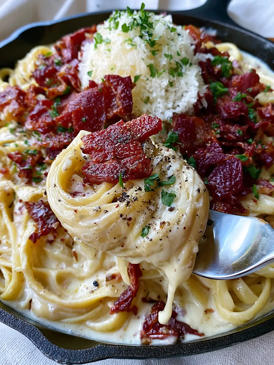 A rustic black cast iron skillet filled with glossy Creamy Bacon Pasta and large crispy bacon pieces.