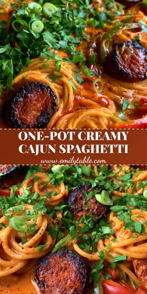A close-up of Creamy Cajun spaghetti in a cast iron skillet with charred andouille sausage and bright green parsley garnish.