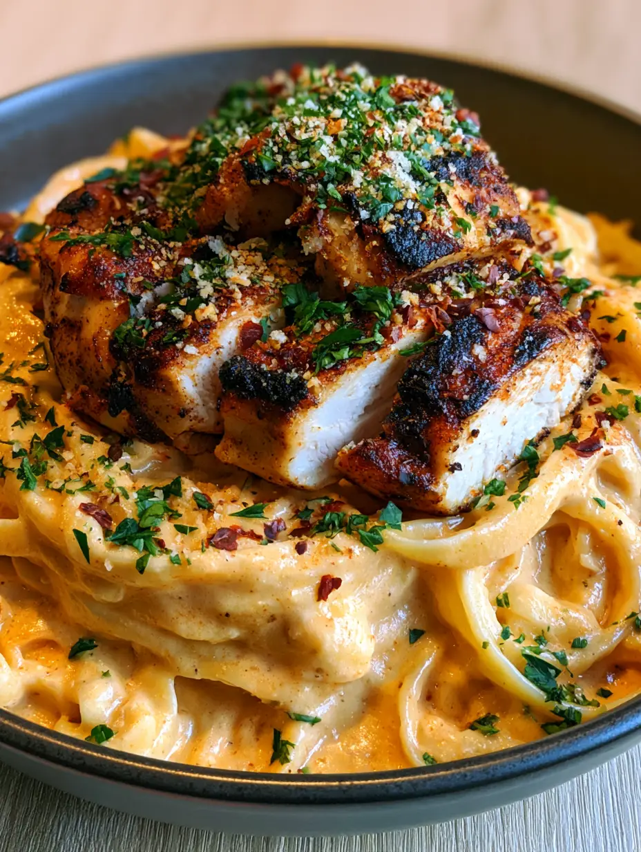 Close up of pale-orange cajun sauce coating fettuccine pasta with parsley and red pepper flakes.