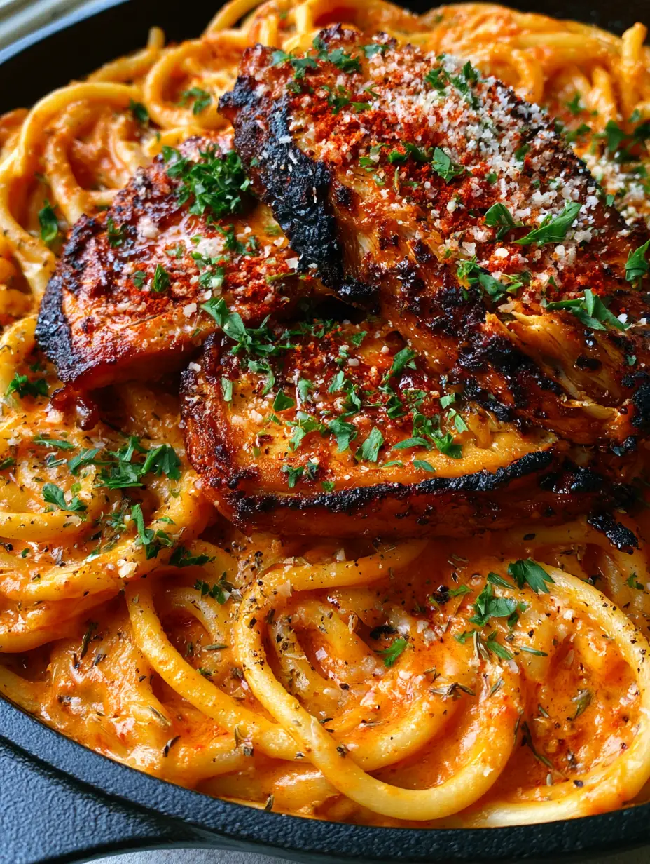 Macro top-down view of Creamy Cajun Chicken Spaghetti showing the glossy orange sauce and charred chicken edges.