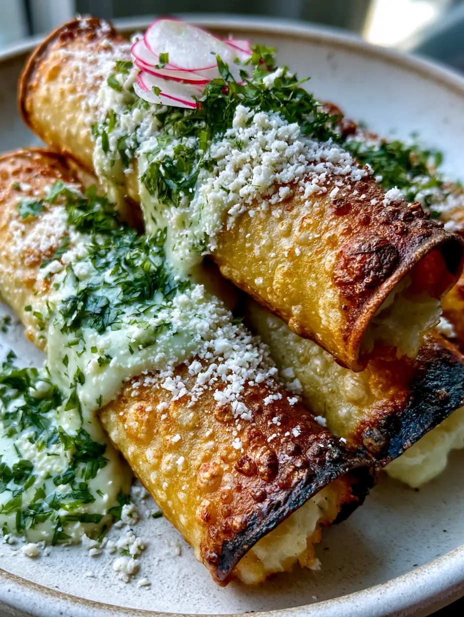 Extreme close-up of potato flautas showing micro-blistered corn tortilla surface and charred edges. (Potato flautas)
