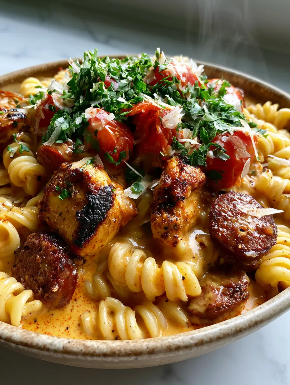Eye-level view of a rustic ceramic bowl filled with rotini pasta in orange cream sauce with charred chicken and sausage. (Cajun chicken pasta)
