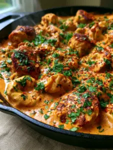 Extreme close-up of seared golden chicken and plump cheese tortellini smothered in a velvety orange-red sauce with steam wisps. (Cajun Chicken Tortellini)