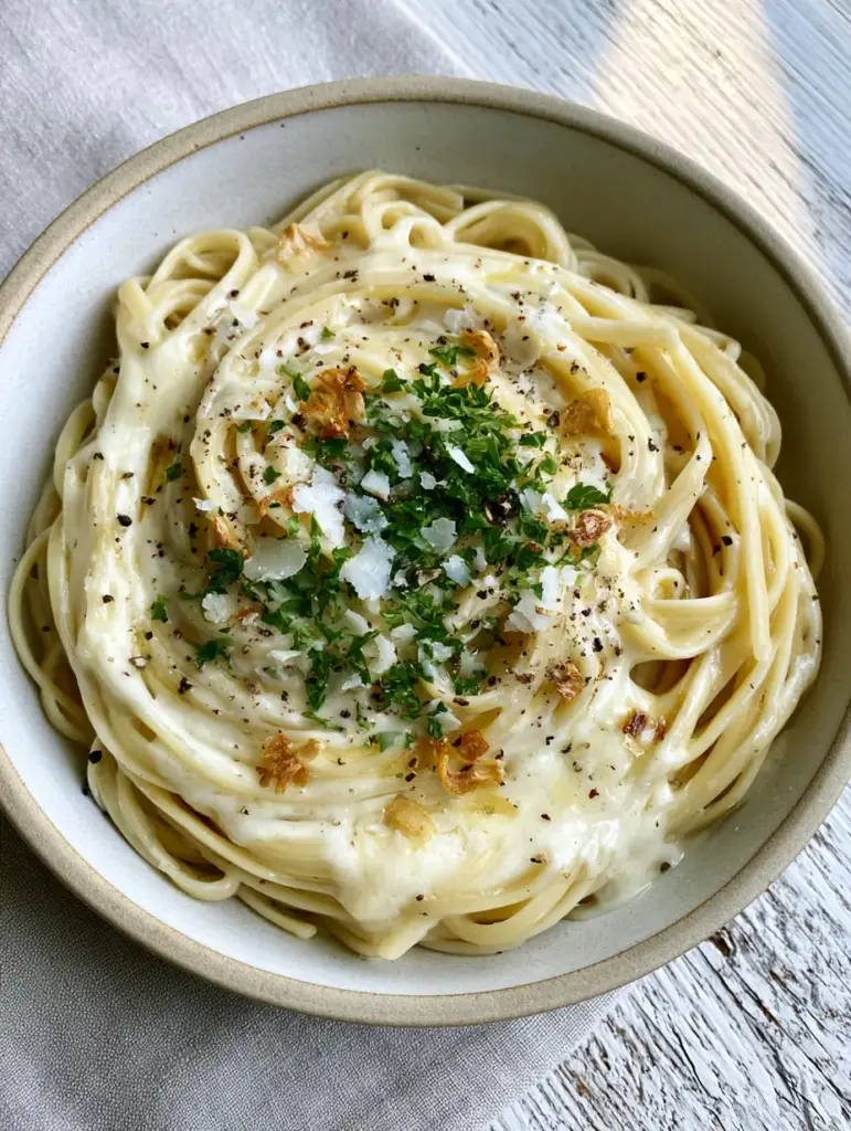 Detailed shot of toasted golden garlic slivers and cracked black pepper on Creamy Garlic Pasta.
