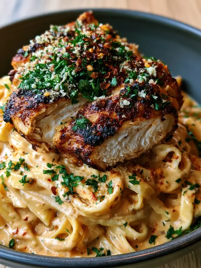 Thick slices of seared cajun chicken breast with charred edges on a bed of creamy fettuccine.