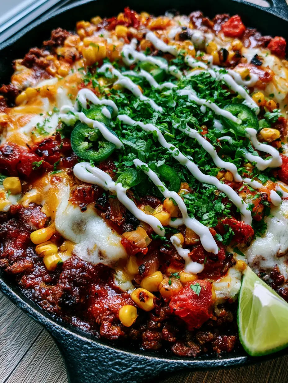 Top-down macro shot of seasoned Mexican ground beef crumbles in a shimmering red spice glaze with bubbly melted cheese. (Mexican recipes)